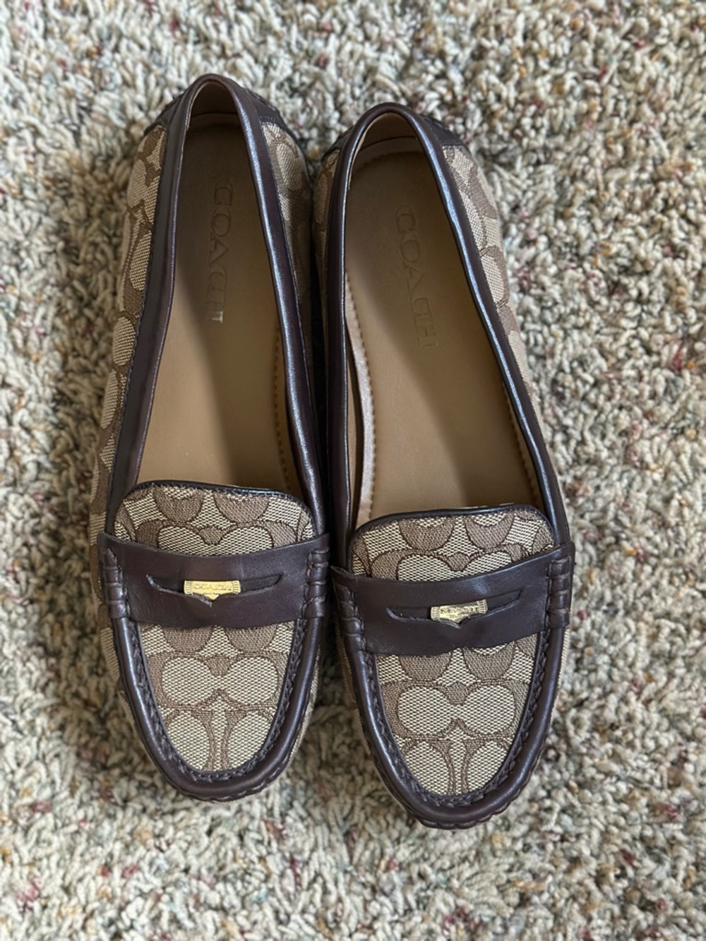 Coach Tan Signature Canvas Loafers with Dark Brown Leather Trim